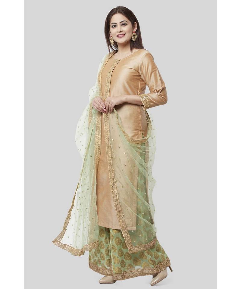 Pistachio Gold Kurti with Kalidaar Palazzo and Sequenced Net Dupatta