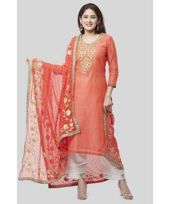 Coral Embroidered Chanderi Kurti with Off-White Gotta Palazzo and Peachy Orange Leheriya Dupatta 1