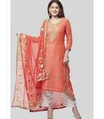 Coral Embroidered Chanderi Kurti with Off-White Gotta Palazzo and Peachy Orange Leheriya Dupatta