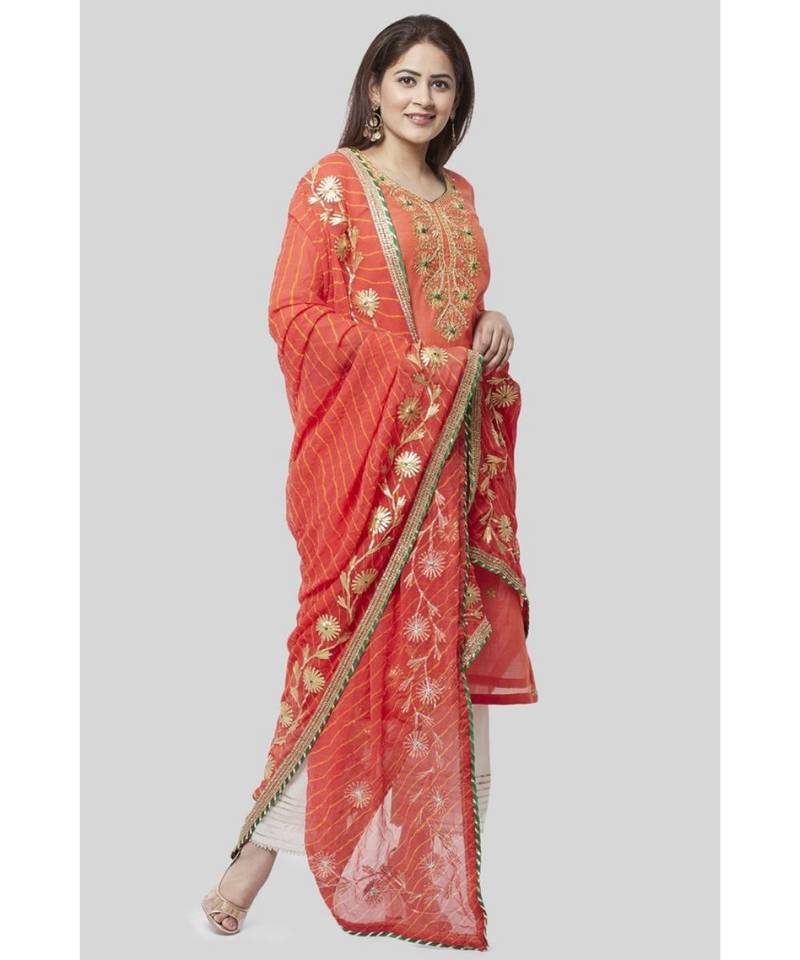 Coral Embroidered Chanderi Kurti with Off-White Gotta Palazzo and Peachy Orange Leheriya Dupatta