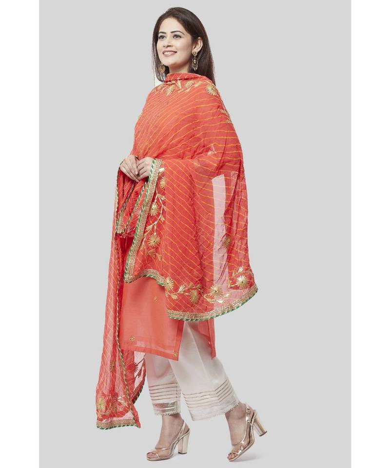 Coral Embroidered Chanderi Kurti with Off-White Gotta Palazzo and Peachy Orange Leheriya Dupatta
