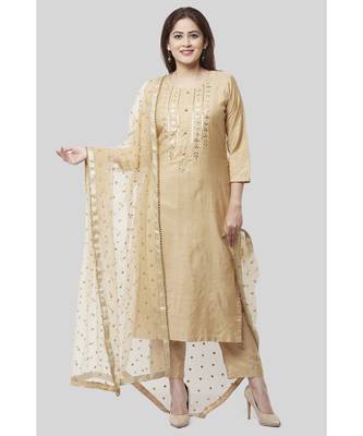 Mellow Gold Embroidered Kurti and Straight Pants with Mellow Sequenced Net Dupatta 1