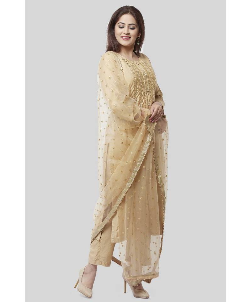 Mellow Gold Embroidered Kurti and Straight Pants with Mellow Sequenced Net Dupatta