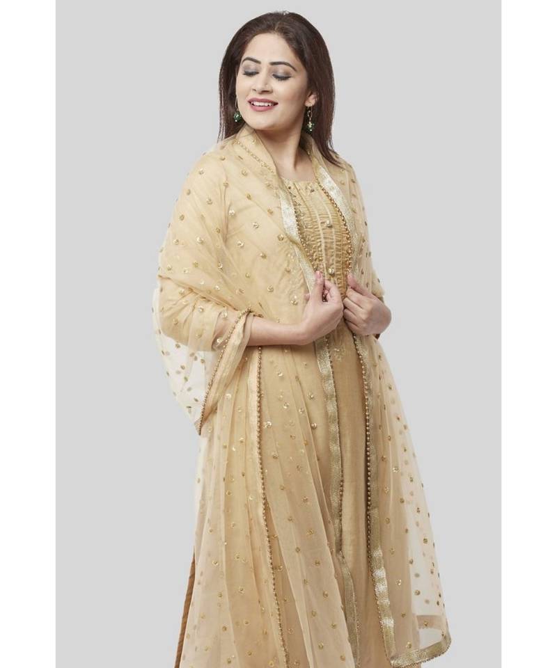 Mellow Gold Embroidered Kurti and Straight Pants with Mellow Sequenced Net Dupatta