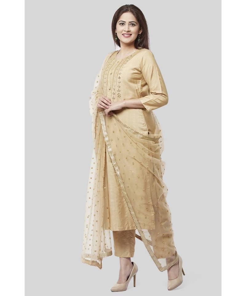 Mellow Gold Embroidered Kurti and Straight Pants with Mellow Sequenced Net Dupatta
