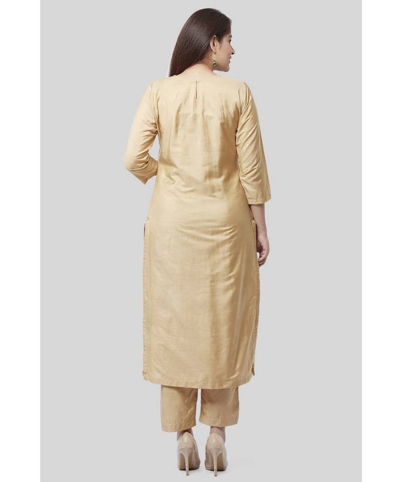Mellow Gold Embroidered Kurti and Straight Pants with Mellow Sequenced Net Dupatta