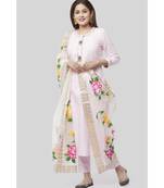 Baby Pink Gotta Straight Kurti with Straight Pants and Floral Hand Painted Gotta Organza Dupatta