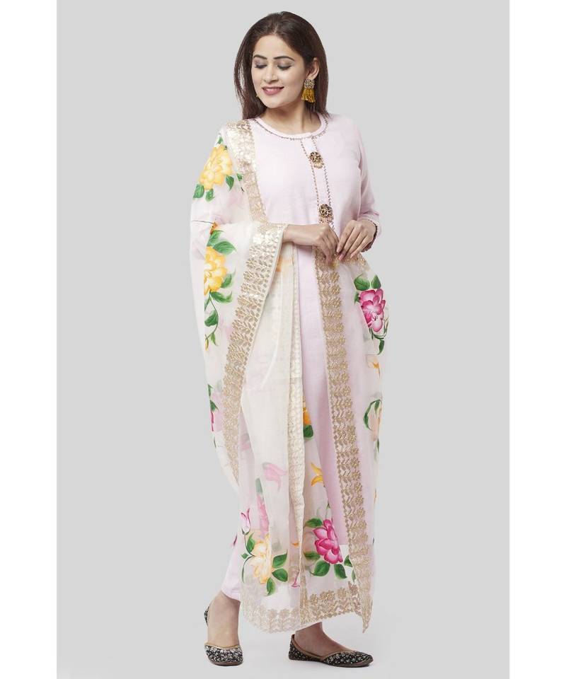 Baby Pink Gotta Straight Kurti with Straight Pants and Floral Hand Painted Gotta Organza Dupatta