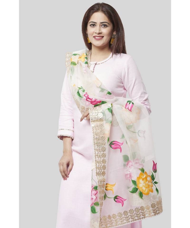 Baby Pink Gotta Straight Kurti with Straight Pants and Floral Hand Painted Gotta Organza Dupatta