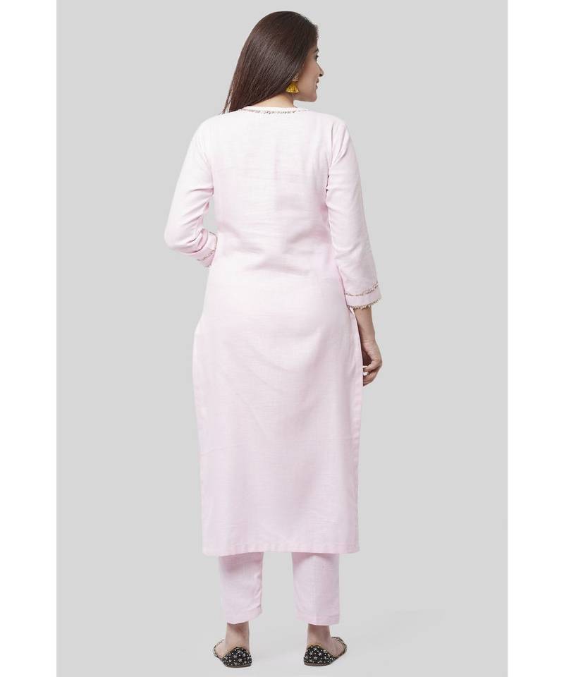 Baby Pink Gotta Straight Kurti with Straight Pants and Floral Hand Painted Gotta Organza Dupatta