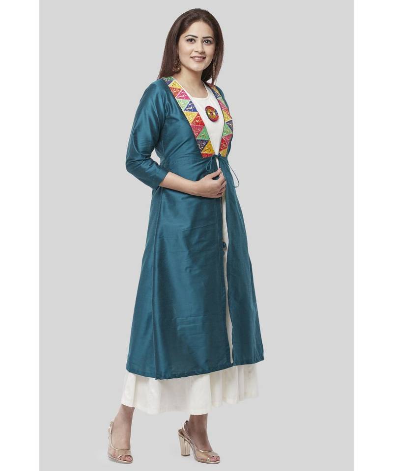 Turquoise Kutch Jacket Dress with Off-White Floor Length