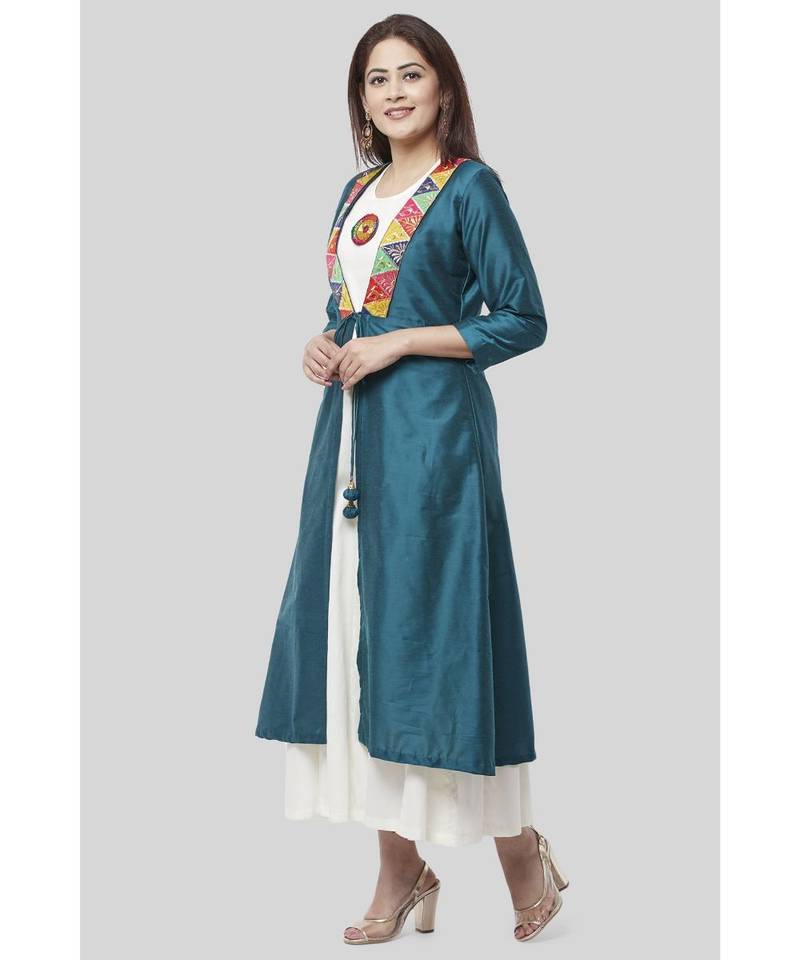 Turquoise Kutch Jacket Dress with Off-White Floor Length