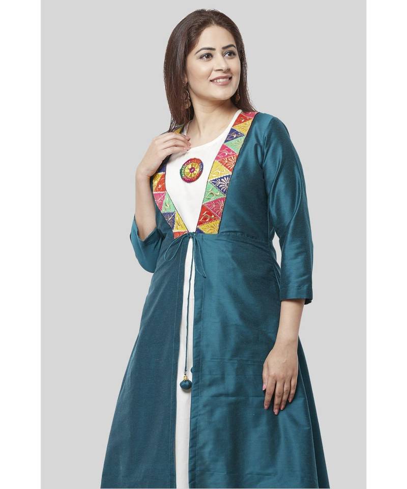 Turquoise Kutch Jacket Dress with Off-White Floor Length