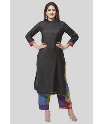 Black Side Straight Kurti with Kantha Embroidered Straight Palazzo 1