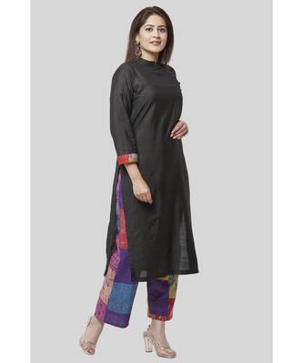 Black Side Straight Kurti with Kantha Embroidered Straight Palazzo 2