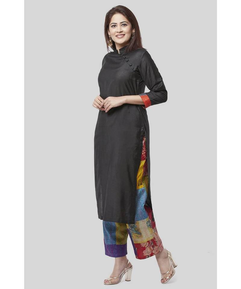 Black Side Straight Kurti with Kantha Embroidered Straight Palazzo