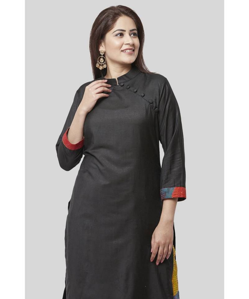 Black Side Straight Kurti with Kantha Embroidered Straight Palazzo