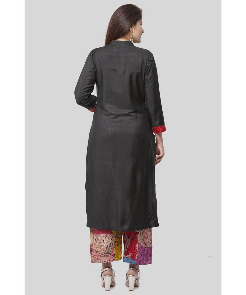 Black Side Straight Kurti with Kantha Embroidered Straight Palazzo