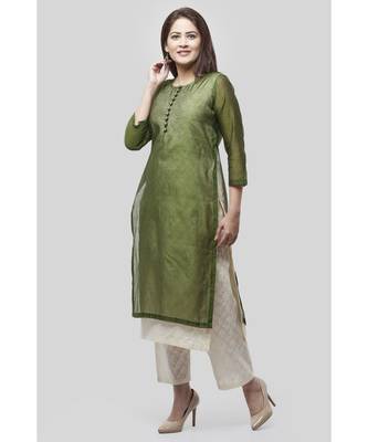 Basil Green Double Layer Chanderi Kurti with Self Print Straight Palazzo 1