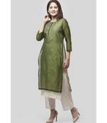 Basil Green Double Layer Chanderi Kurti with Self Print Straight Palazzo