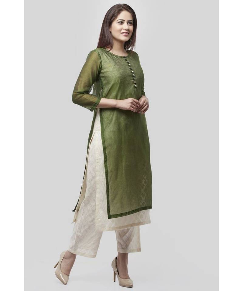 Basil Green Double Layer Chanderi Kurti with Self Print Straight Palazzo