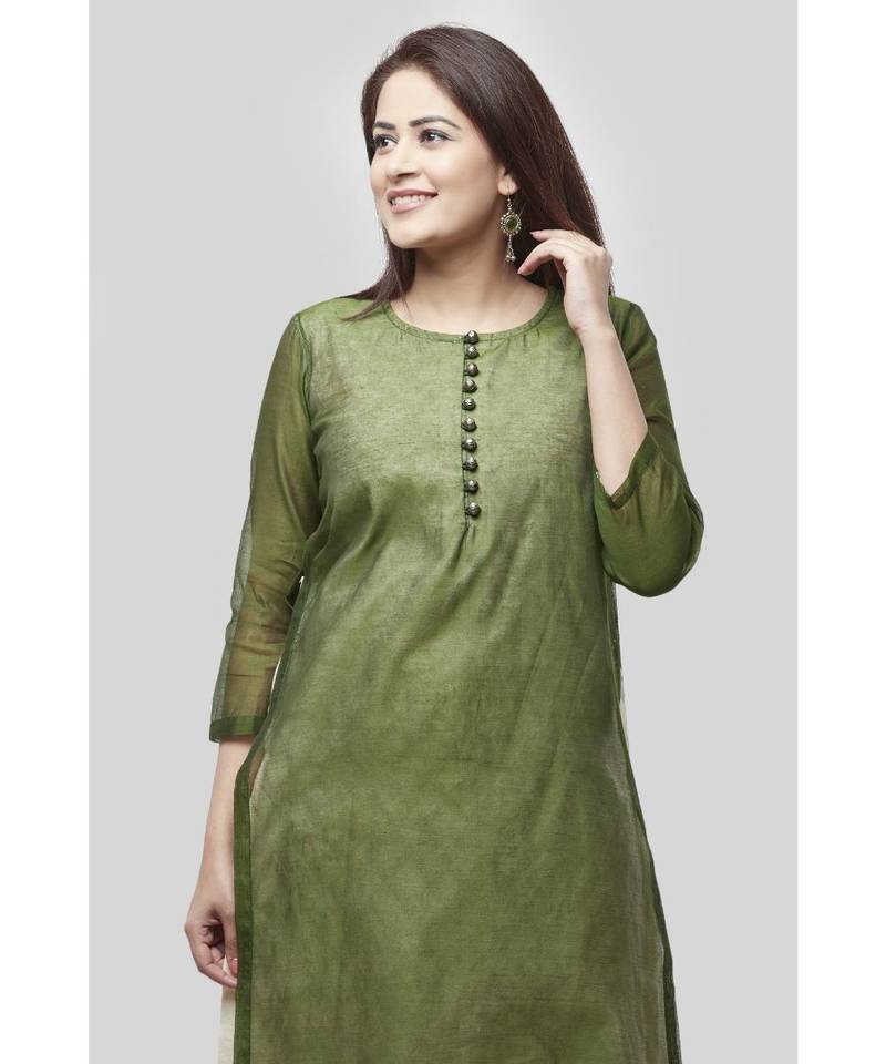 Basil Green Double Layer Chanderi Kurti with Self Print Straight Palazzo