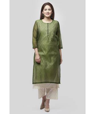 Basil Green Double Layer Chanderi Kurti with Self Print Straight Palazzo 4