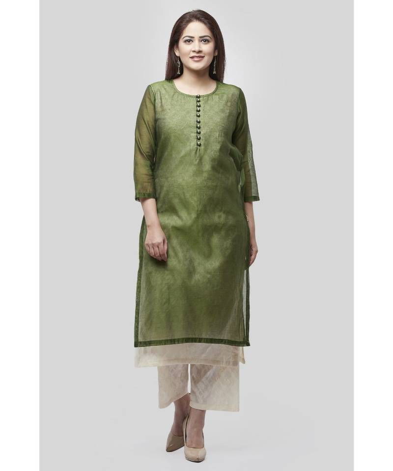 Basil Green Double Layer Chanderi Kurti with Self Print Straight Palazzo