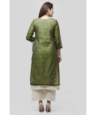Basil Green Double Layer Chanderi Kurti with Self Print Straight Palazzo 5
