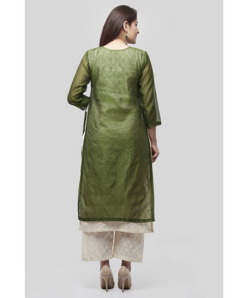 Basil Green Double Layer Chanderi Kurti with Self Print Straight Palazzo
