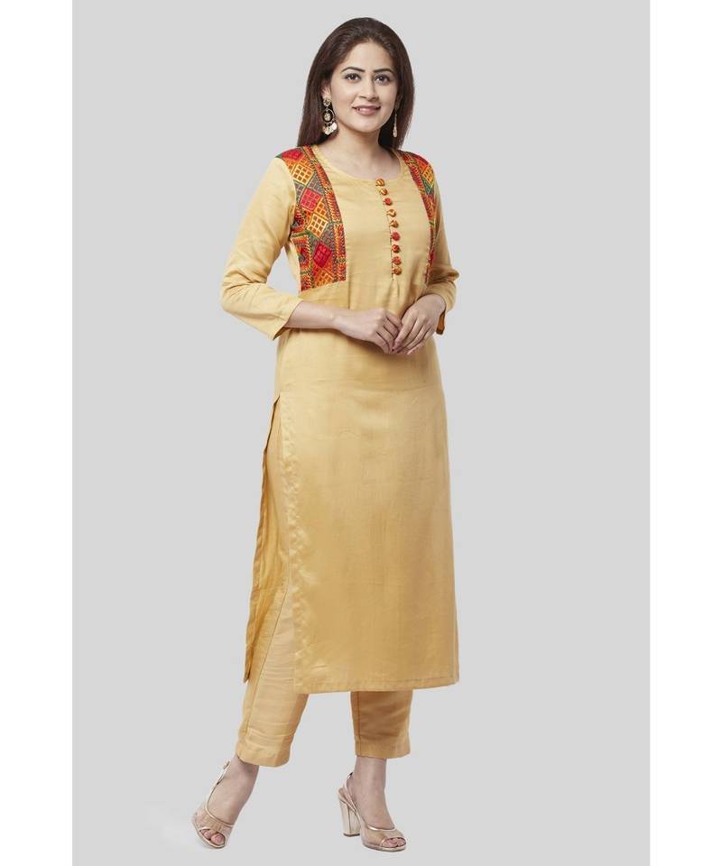Beige Jacket Style Phulkari Straight Kurti with Straight Pants