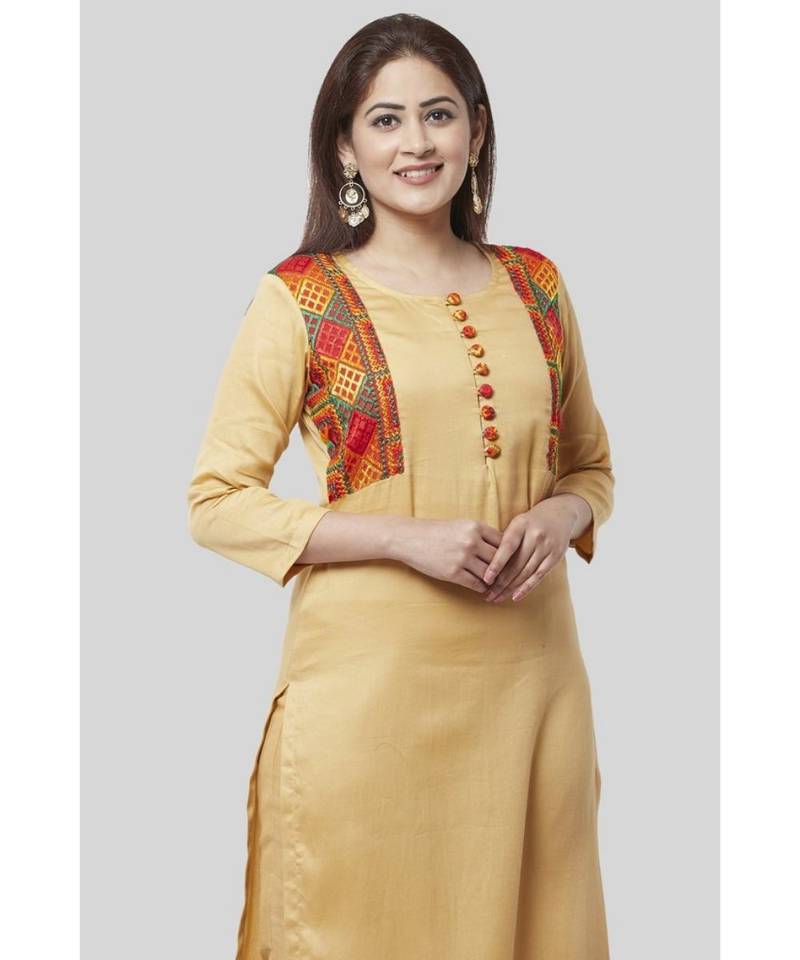 Beige Jacket Style Phulkari Straight Kurti with Straight Pants