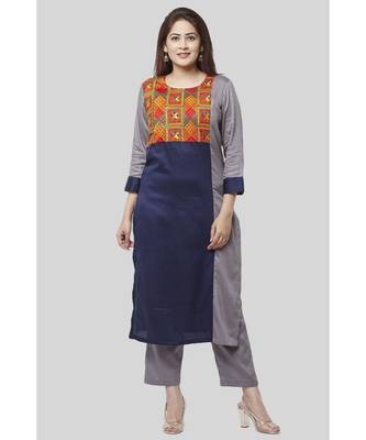 Gray Blue Phulkari Bagh Straight Kurti with Straight Pants 1