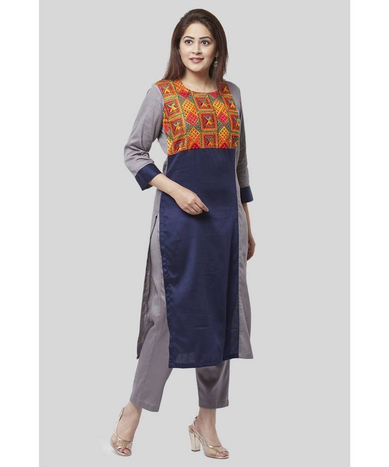 Gray Blue Phulkari Bagh Straight Kurti with Straight Pants