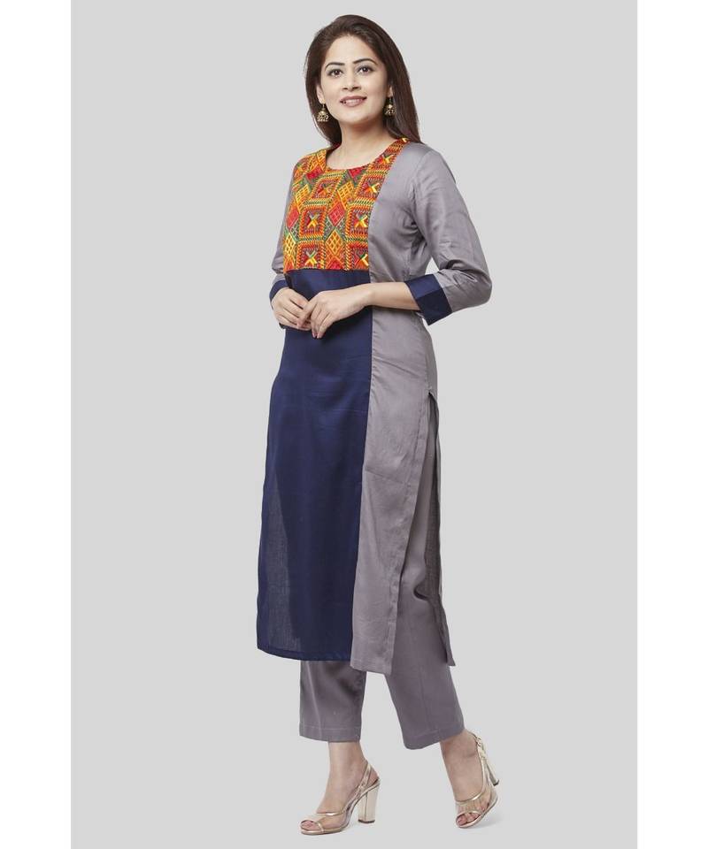 Gray Blue Phulkari Bagh Straight Kurti with Straight Pants