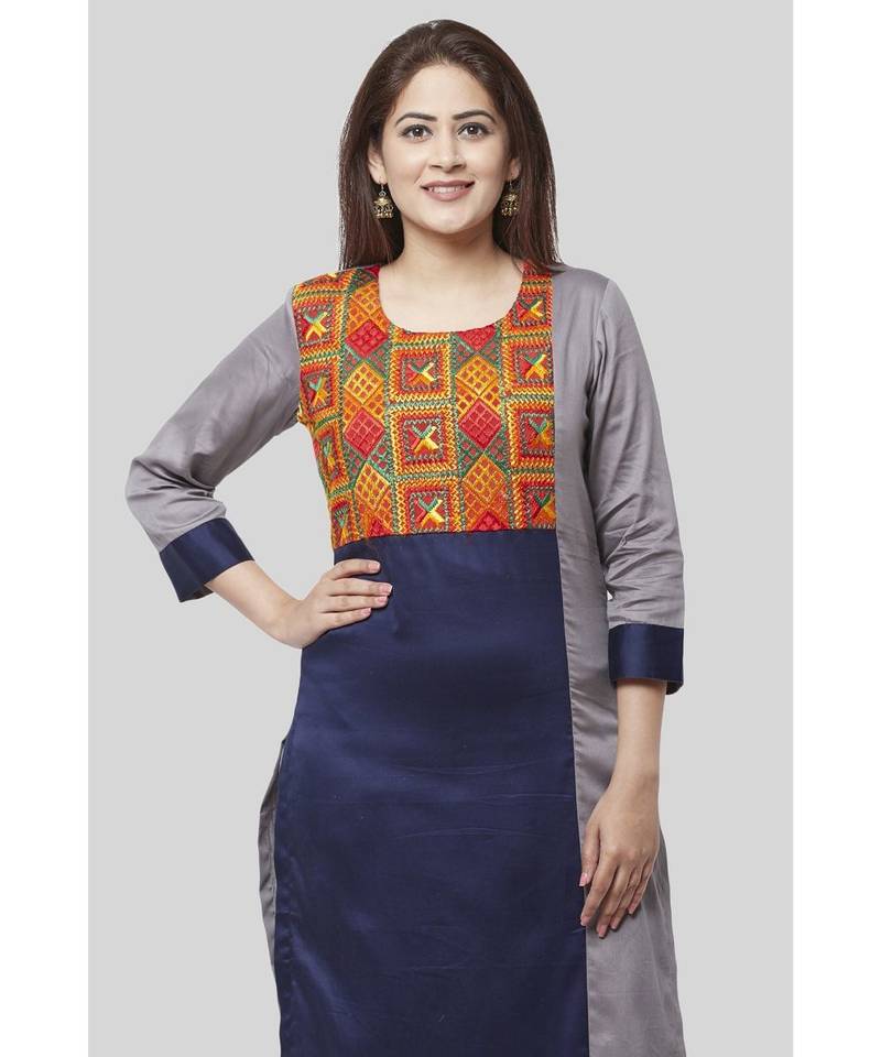 Gray Blue Phulkari Bagh Straight Kurti with Straight Pants