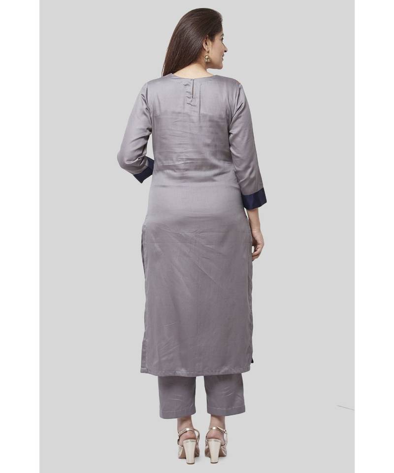 Gray Blue Phulkari Bagh Straight Kurti with Straight Pants