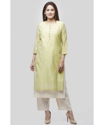 Water Green Double Layer Chanderi Kurti with Self Print Straight Palazzo 1