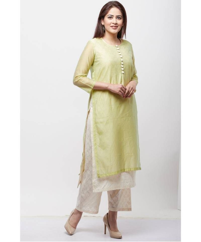 Water Green Double Layer Chanderi Kurti with Self Print Straight Palazzo