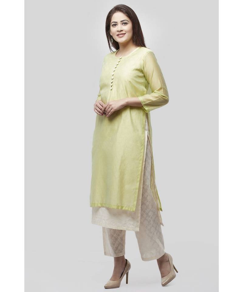 Water Green Double Layer Chanderi Kurti with Self Print Straight Palazzo