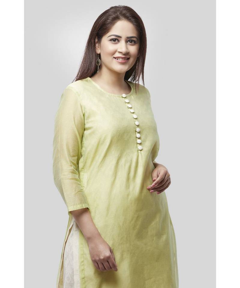 Water Green Double Layer Chanderi Kurti with Self Print Straight Palazzo