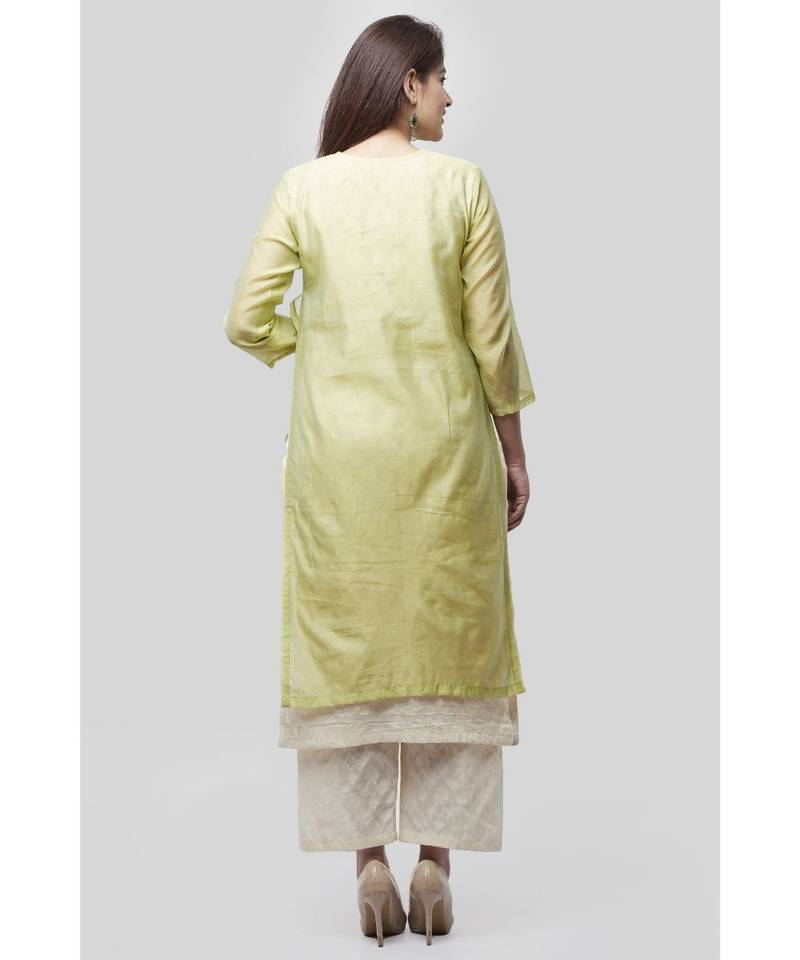 Water Green Double Layer Chanderi Kurti with Self Print Straight Palazzo