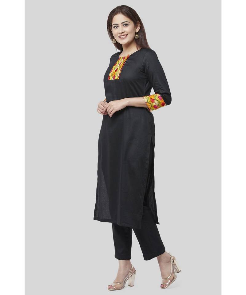 Black Phulkari Straight Kurti with Straight Pants