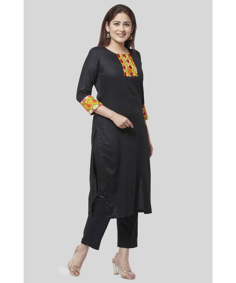 Black Phulkari Straight Kurti with Straight Pants