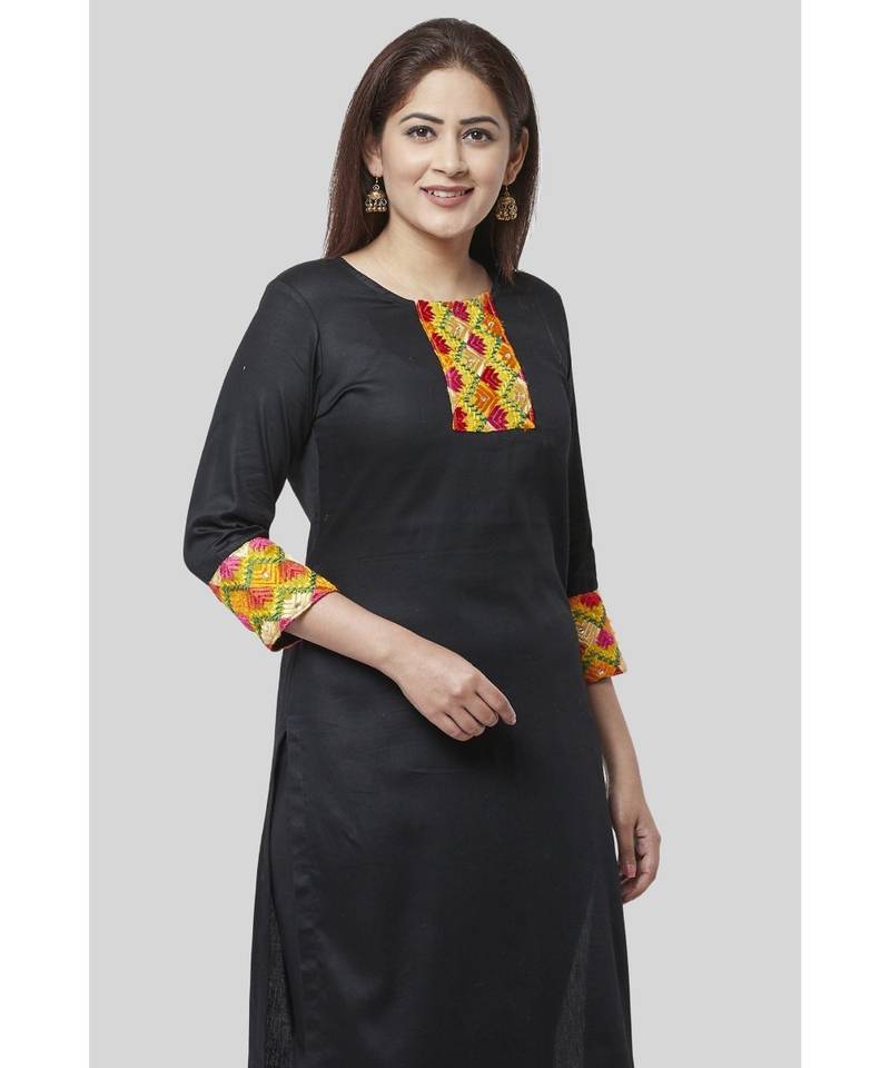 Black Phulkari Straight Kurti with Straight Pants