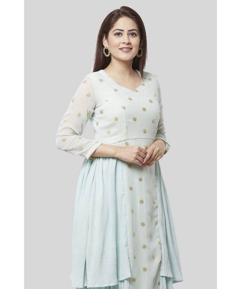 Celeste Sparkled Ruffle Kurti with Leggings and Net Sequenced Dupatta