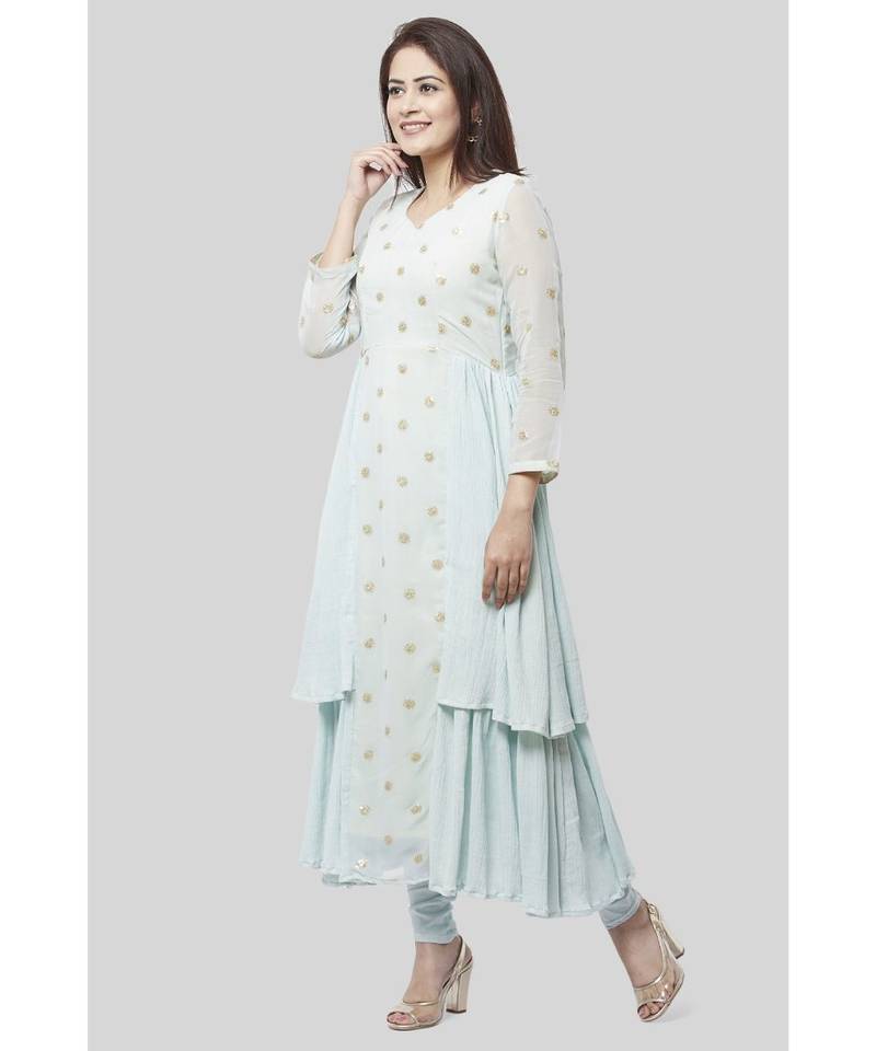 Celeste Sparkled Ruffle Kurti with Leggings and Net Sequenced Dupatta