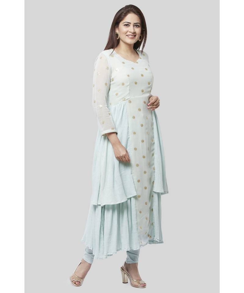 Celeste Sparkled Ruffle Kurti with Leggings and Net Sequenced Dupatta