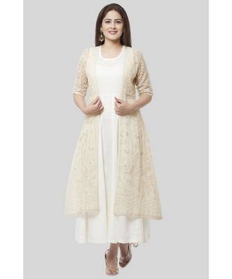 Haze Gold Chanderi Embroidered Jacket Dress with Off-White Floor Length Dress 1