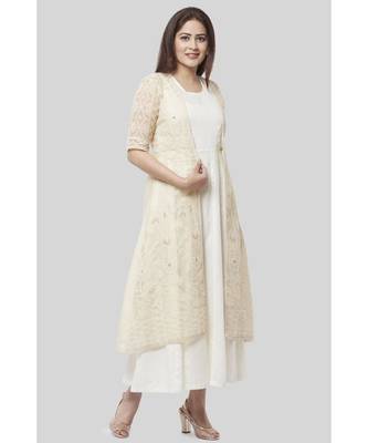 Haze Gold Chanderi Embroidered Jacket Dress with Off-White Floor Length Dress 2